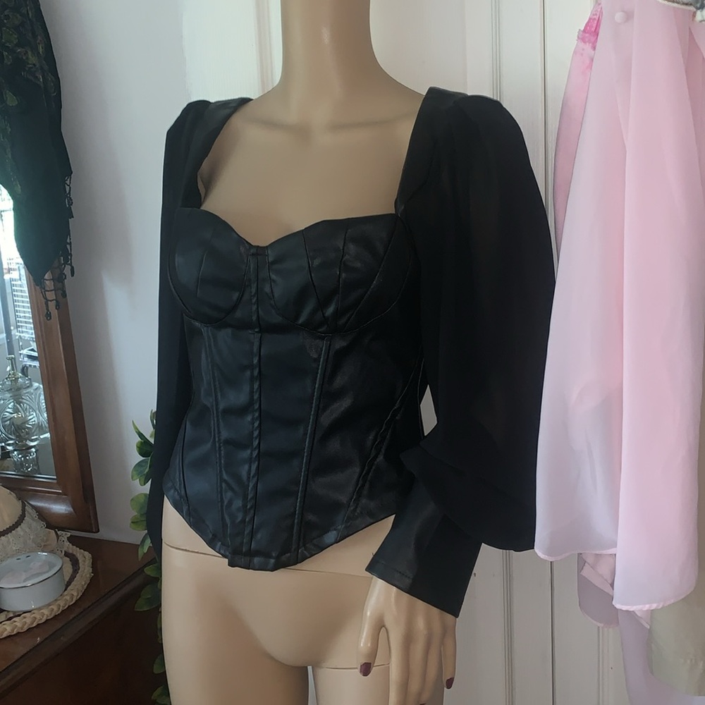 Black leather bustier with sheer balloon sleeves zippered back M L